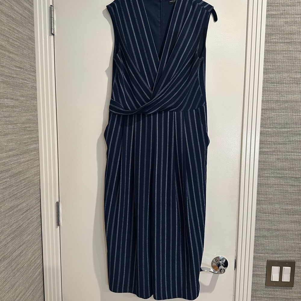 Maggy London Navy and White Pinstripe Sleeveless Jumpsuit